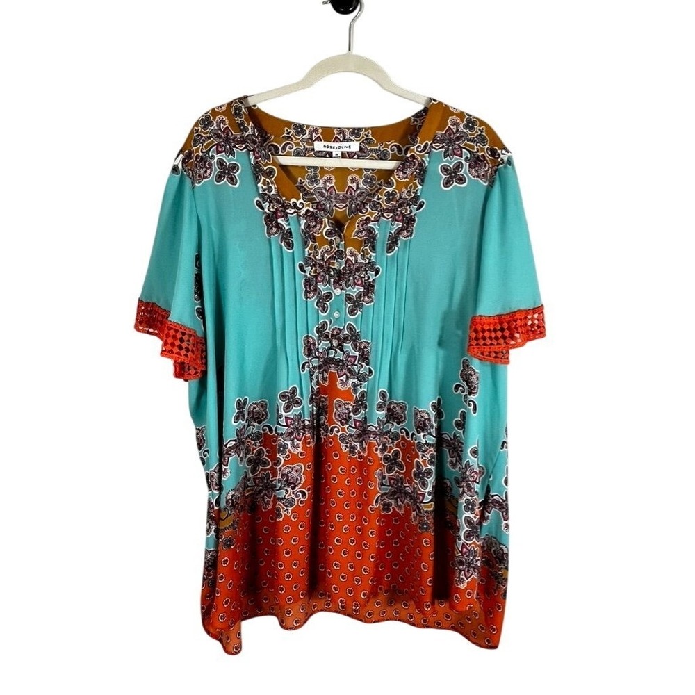 Colorful Floral Top 2X Blue Flowy Boho Indie Folk Paisley Lace Artsy Tropical
